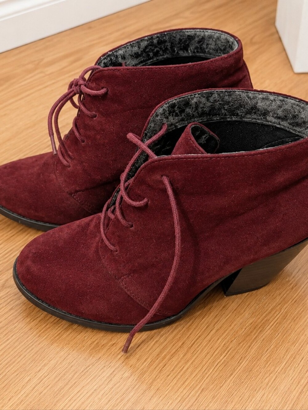 Call It Spring Burgundy Faux Suede Lace-Up Ankle Boots – Block Heel – Women's